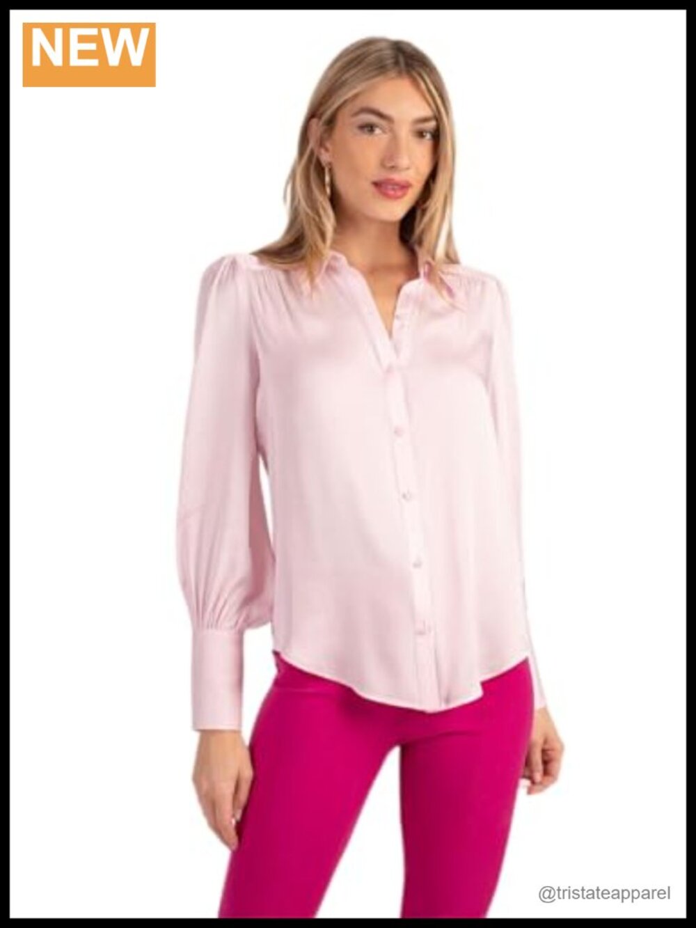 Silk Blouse Puff Sleeve Button Placket Collared Long Sleeve